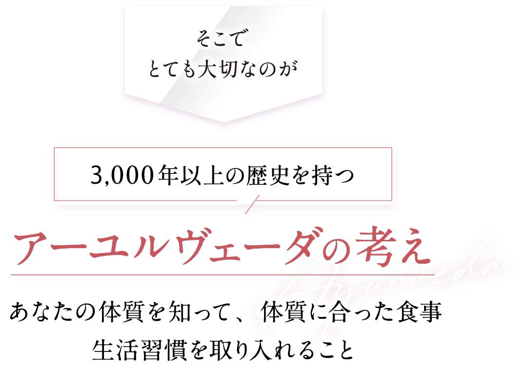 そこで大切なのが3000年以上の歴史を持つアーユルヴェーダの考え あなたの体質を知って、体質に合った食事、生活習慣を取り入れること