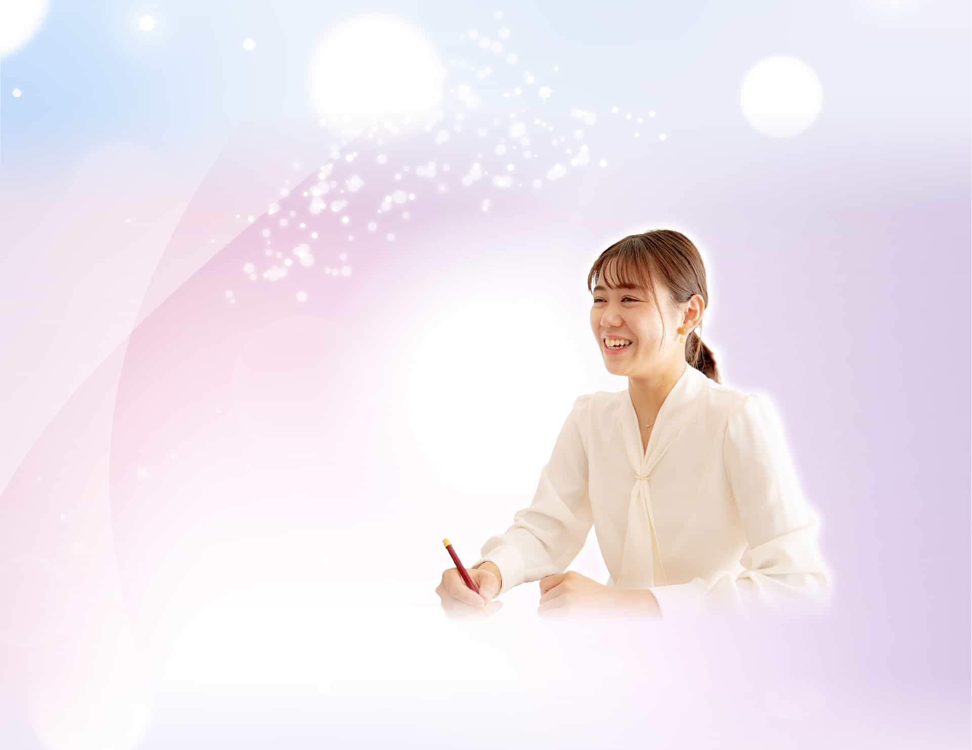 縦長の背景、淡い青とピンクのグラデーション、バブルと輝く光のデザイン