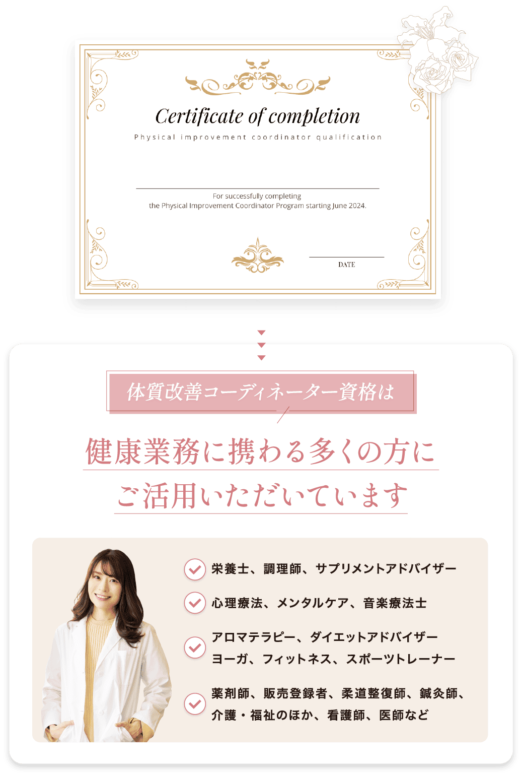 体質改善コーディネーター資格は健康業務に携わる多くの方にご活用いただいています